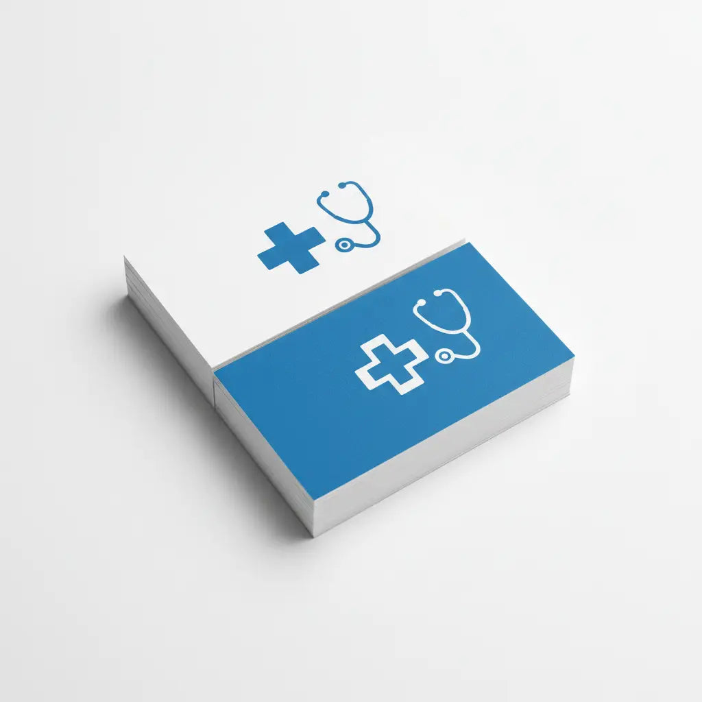Cărți de vizită premium personalizate pentru clinică medicală, carton special velvet 500g/m², design CMYK albastru-alb, format 85×55mm, vedere de sus – AndorTipo