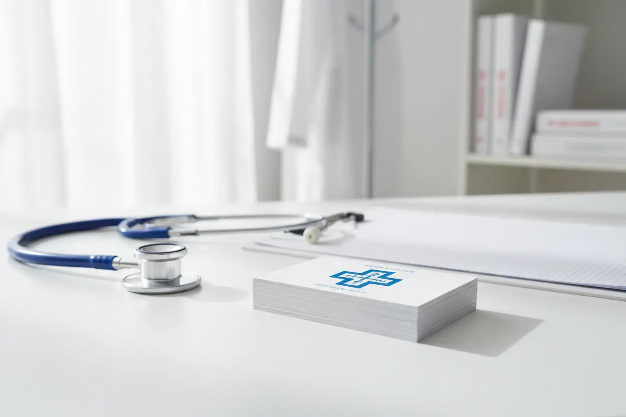 Cărți de vizită premium pe carton special pe birou de cabinet medical cu stetoscop și clipboard, lumină naturală, design CMYK albastru-alb – AndorTipo