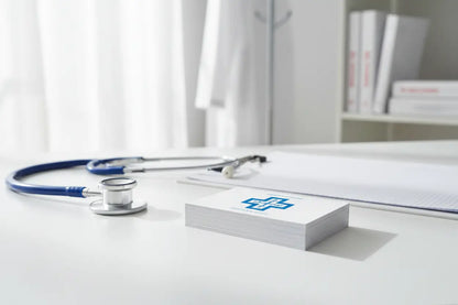 Cărți de vizită premium pe carton special pe birou de cabinet medical cu stetoscop și clipboard, lumină naturală, design CMYK albastru-alb – AndorTipo