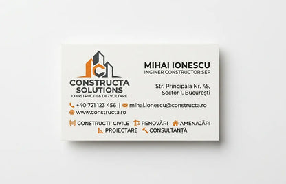 Cărți de vizită standard personalizate pentru firmă de construcții, tipar CMYK portocaliu și negru, format 90×50mm, vedere de sus, fundal alb – AndorTipo
