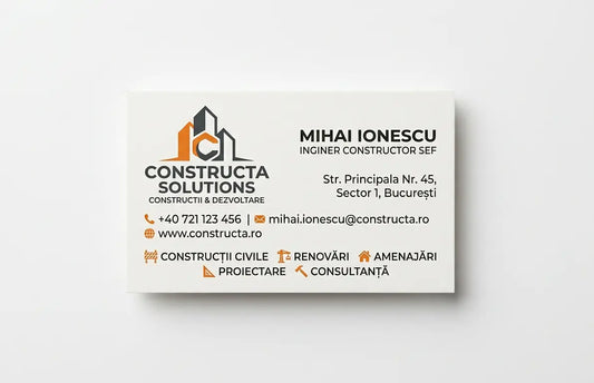 Cărți de vizită standard personalizate pentru firmă de construcții, tipar CMYK portocaliu și negru, format 90×50mm, vedere de sus, fundal alb – AndorTipo