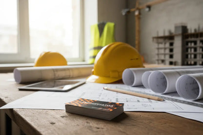 Cărți de vizită personalizate pentru firmă de construcții pe birou de șantier cu planuri arhitecturale, cașcă de protecție și riglă, lumină naturală – AndorTipo