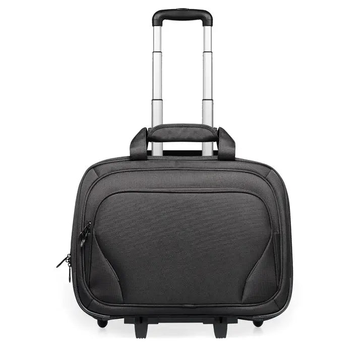 Carucior de afaceri negru din material texturat cu maner telescopic argintiu si roti duble pentru laptop