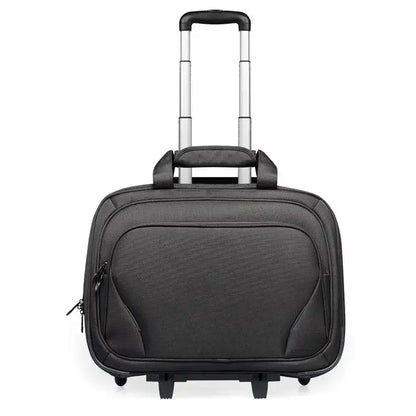 Carucior de afaceri negru din material texturat cu maner telescopic argintiu si roti duble pentru laptop