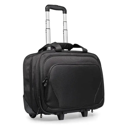 Carucior de afaceri negru cu roti si maner retractabil si multiple compartimente cu fermoar pentru laptop