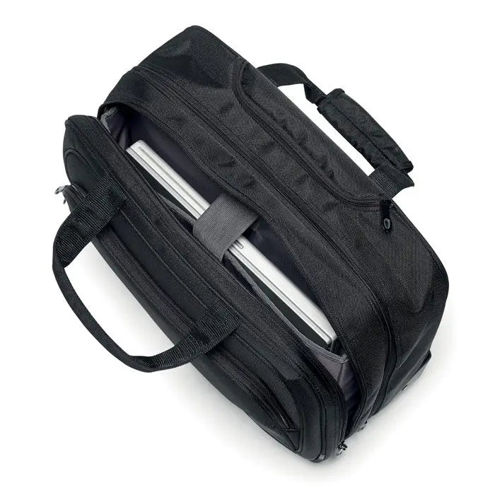 Carucior de afaceri negru din material texturat cu doua manere si laptop argintiu in interior