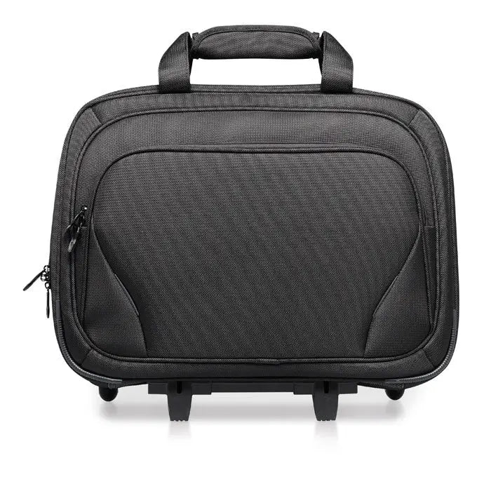 Carucior de afaceri din material texturat negru cu cusături întărite și roți duble pentru laptop