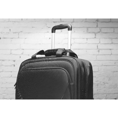 Carucior de afaceri negru din material texturat cu mâner retractabil pentru transport facil