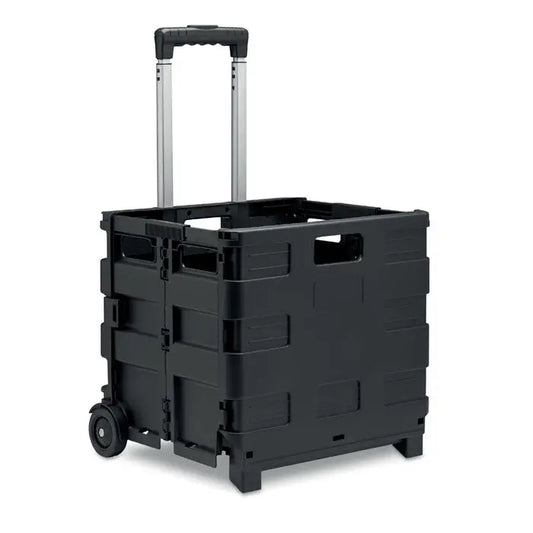 Carucior de cumparaturi pliabil negru din plastic cu maner telescopic argintiu si roti negre