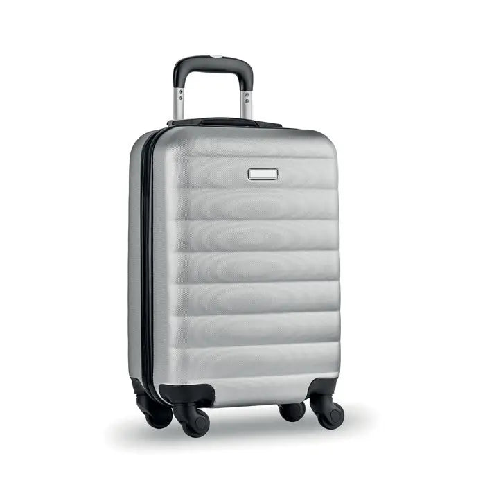 Carucior dur din aluminiu cu textură orizontală, culoare argintie, roți negre și mâner pentru transport facil