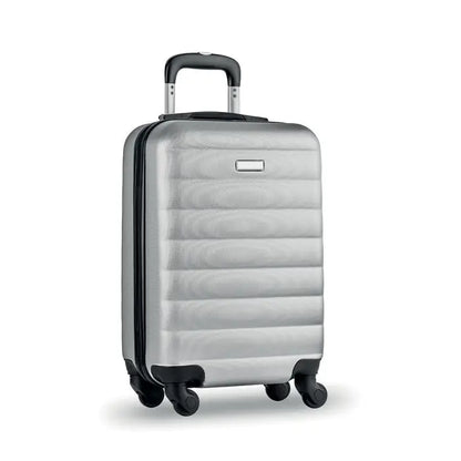Carucior dur din aluminiu cu textură orizontală, culoare argintie, roți negre și mâner pentru transport facil