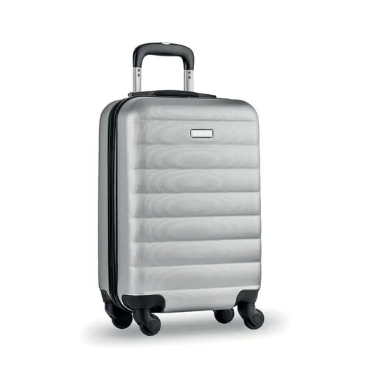 Carucior dur din aluminiu cu textură orizontală, culoare argintie, roți negre și mâner pentru transport facil