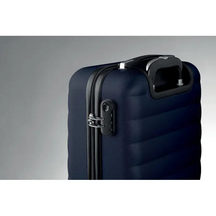 Carucior dur navy blue hard-shell suitcase with black zipper handle and combination lock on the side