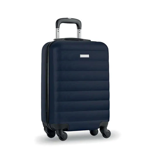 Carucior dur navy blue cu carcasa tare, textura nervuri orizontale si roti negre pentru calatorii usoare