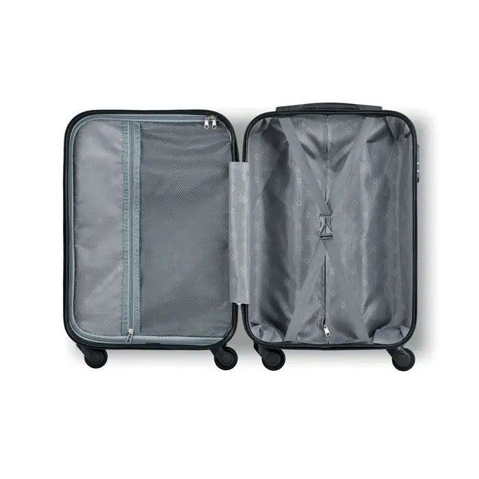 Carucior dur negru cu carcasa tare, interior gri si patru roti pentru transport usor