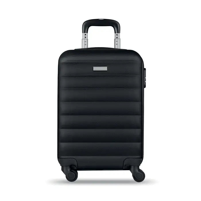 Carucior dur negru din material tare cu textura rigată orizontal și mâner și roți argintii