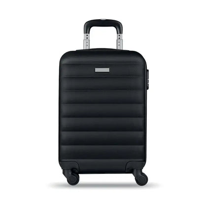 Carucior dur negru din material tare cu textura rigată orizontal și mâner și roți argintii