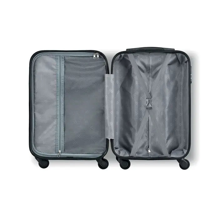 Carucior dur valiza hard shell neagra cu captuseala gri si patru roti pentru transport usor