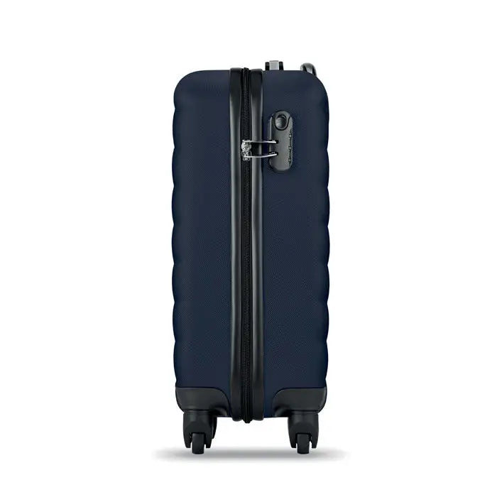 Carucior dur navy blue din carcasa dura cu fermoare negre si roti pentru calatorii usoare
