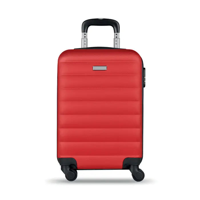 Carucior dur cu carcasa rigida rosie, textura orizontala, maner retractabil negru si roti pentru transport facil