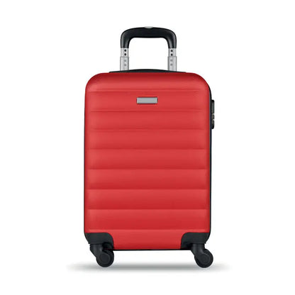 Carucior dur cu carcasa rigida rosie, textura orizontala, maner retractabil negru si roti pentru transport facil