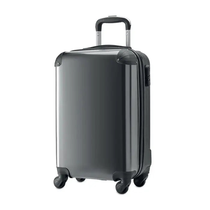 Carucior foto din abs si pc cu carcasa dura gri inchis lucioasa si roti negre pentru transport usor