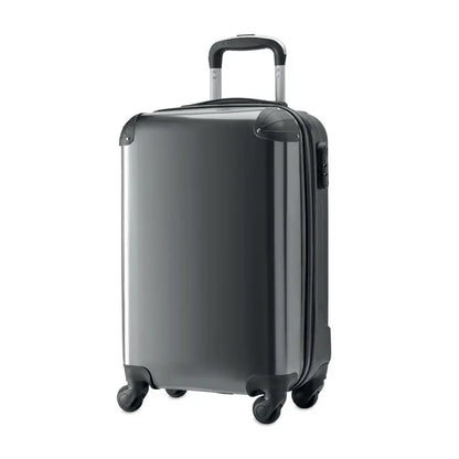 Carucior foto din abs si pc cu carcasa dura gri inchis lucioasa si roti negre pentru transport usor
