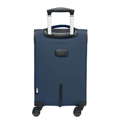 Carucior moale 600d rpet albastru inchis tip valiza dura cu terminații negre si roti