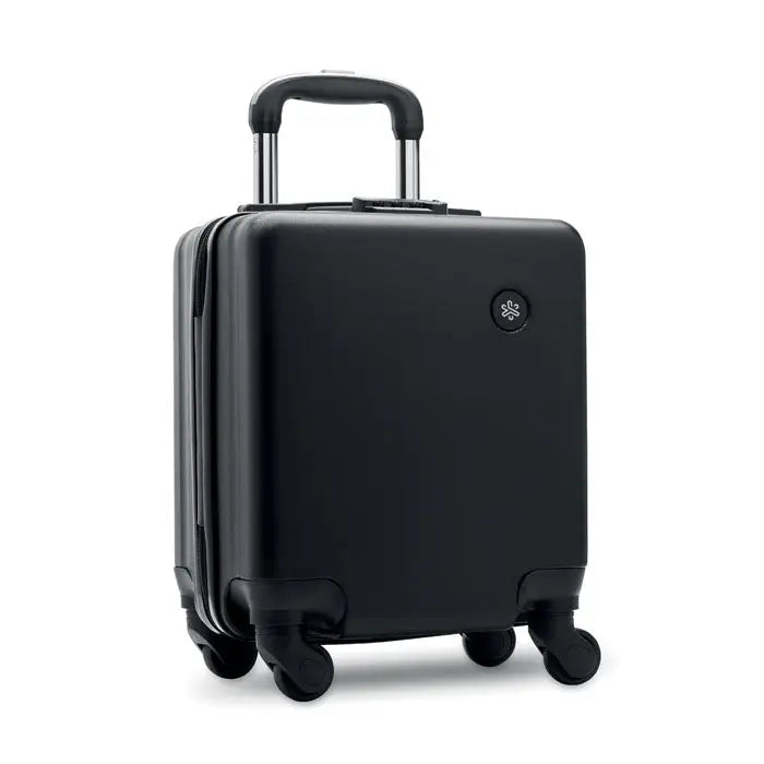 Carucior pentru bagaje sub scaun cu carcasa dura neagra, maner retractabil si patru roti pivotante