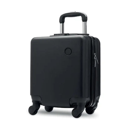 Carucior pentru bagaje sub scaun cu valiza neagra tare, maner retractabil si roti pivotante pentru transport usor