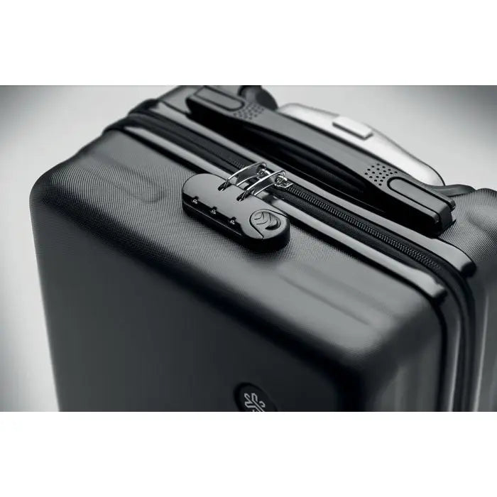 Carucior pentru bagaje sub scaun cu valiza neagra hard-shell si inchidere combinata argintie