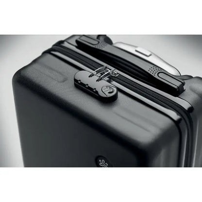 Carucior pentru bagaje sub scaun cu valiza neagra hard-shell si inchidere combinata argintie