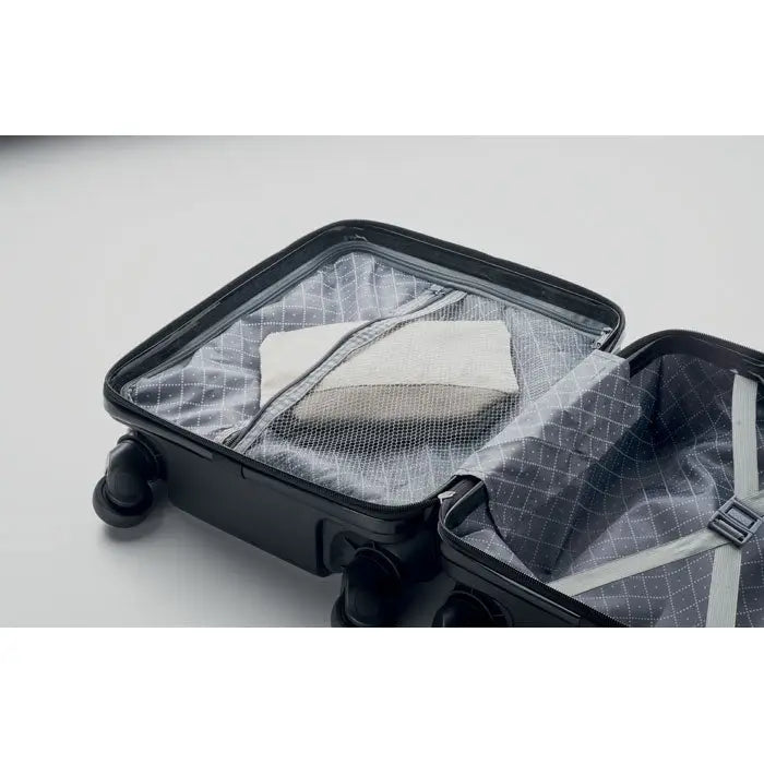Carucior pentru bagaje sub scaun negru cu carcasa dura, captuseala din plasa transparenta si roti incorporate