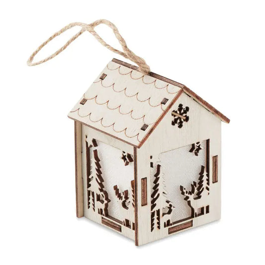 Casa din MDF cu lumina ornament rustic din lemn cu acoperis zimtat si scene forestiere decupate cu laser