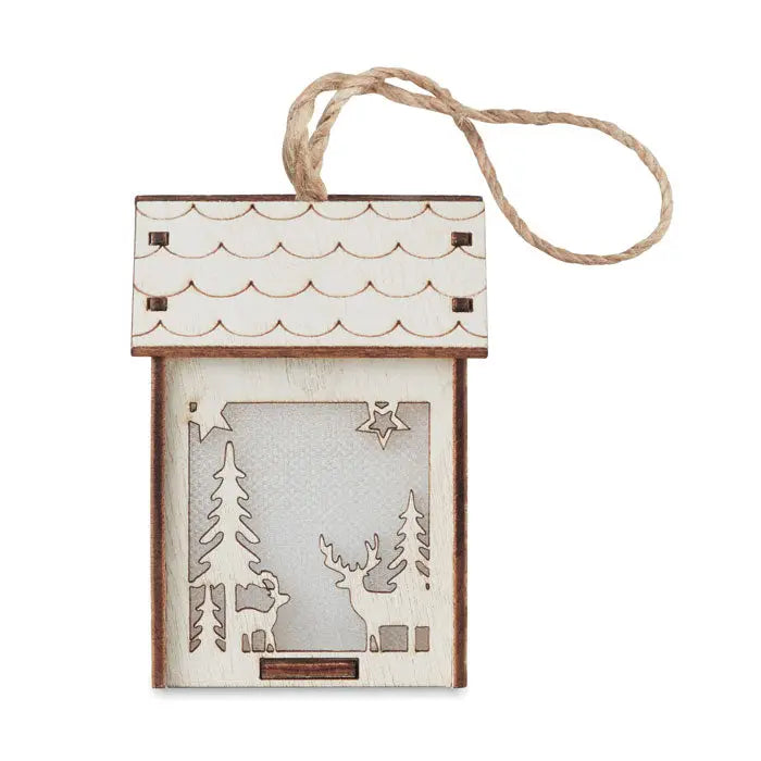 Casa din mdf cu lumina ornamen rustic din lemn cu model decupat de cerb si brazi pe panoul frontal