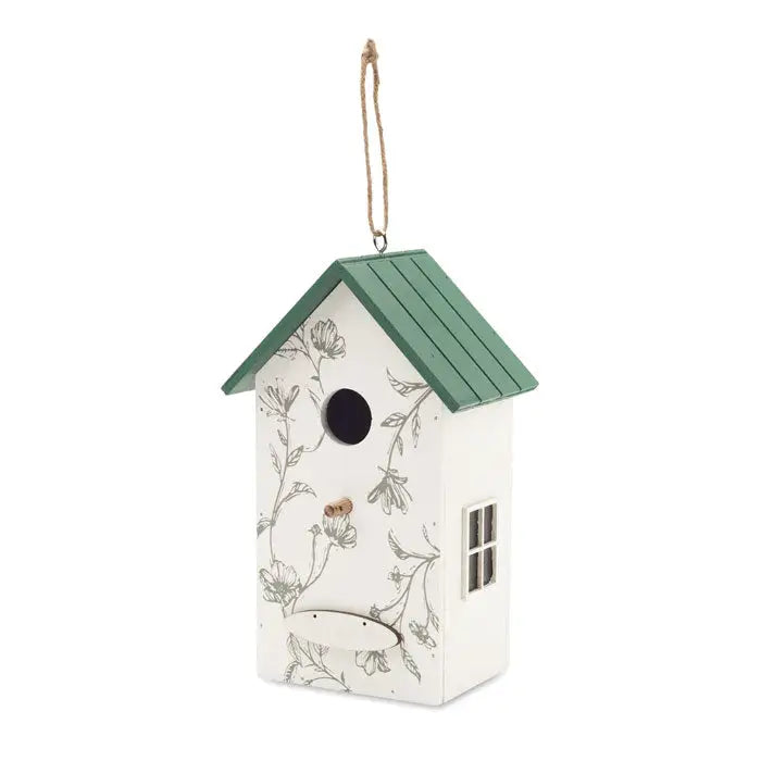 Casa pentru pasari din placaj alb cu acoperis verde si modele florale negre delicate cu intrare circulara si fereastra mica