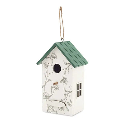 Casa pentru pasari din placaj alb cu acoperis verde si modele florale negre delicate cu intrare circulara si fereastra mica
