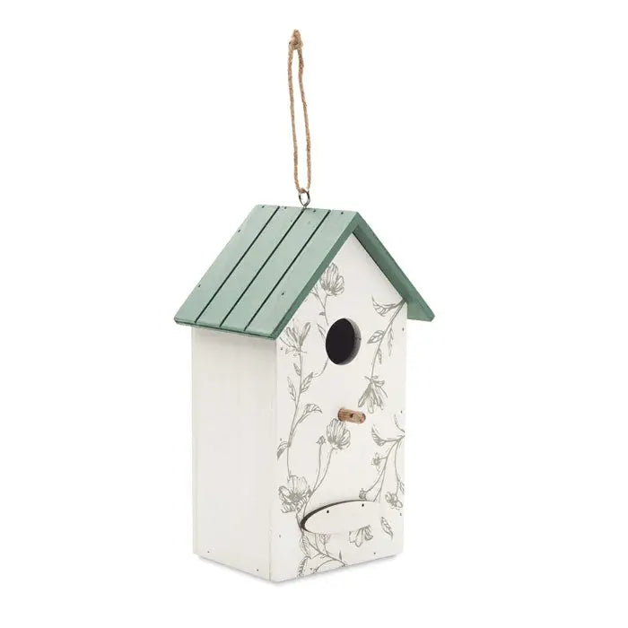 Casa pentru pasari din placaj alb cu acoperis verde salvie si modele florale gri delicate, cu gaura rotunda si perchoir mic