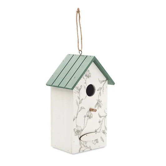 Casa pentru pasari din placaj alb cu acoperis verde salvie si modele florale gri delicate, cu gaura rotunda si perchoir mic