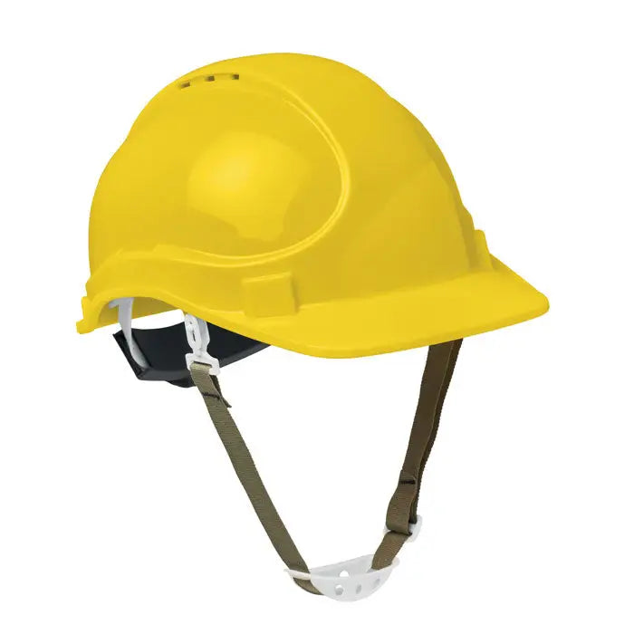 Casca de protectie din abs galbena cu coaja lucioasa si barete reglabile maro pentru siguranta la lucru