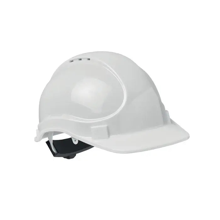 Casca de protectie din abs alba cu finish lucios si bretea reglabila neagra pentru siguranta la lucru