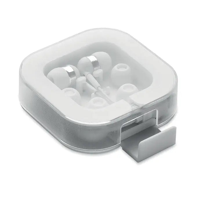 Casti albe si argintii cu huse din silicon in carcasa transparenta patrata cu inchizatoare gri