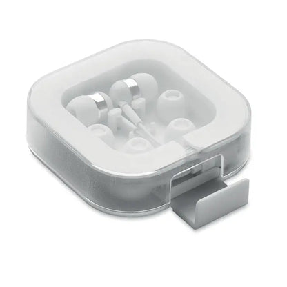 Casti albe si argintii cu huse din silicon in carcasa transparenta patrata cu inchizatoare gri