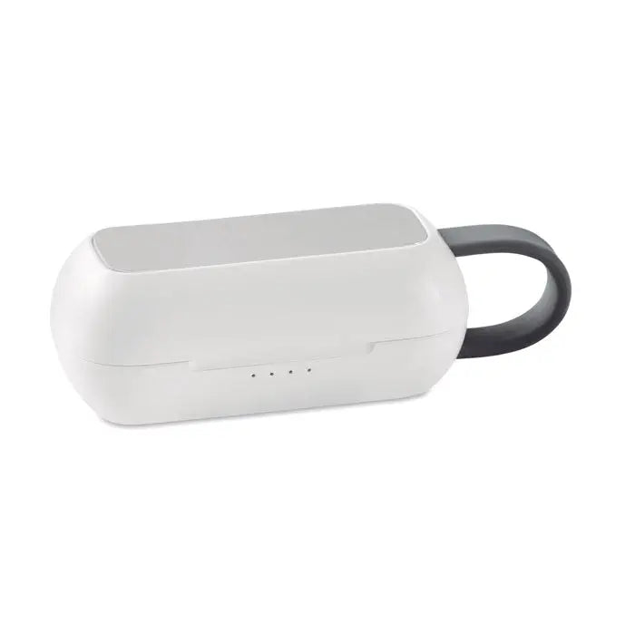Caz de încărcare wireless alb pentru casti TWS cu mâner negru și indicatori led subtili