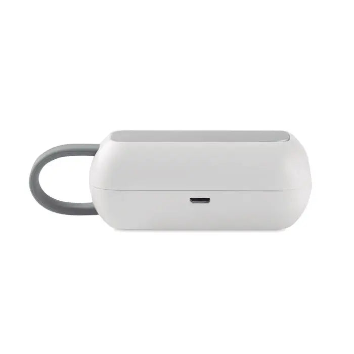Caz de incarcare fara fir tws alb si gri cu design rotunjit si maner integrat pentru casti wireless