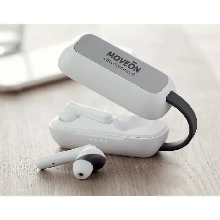 Casti de incarcare fara fir TWS moveon wireless alb si negru cu husa de incarcare si snur pentru transport