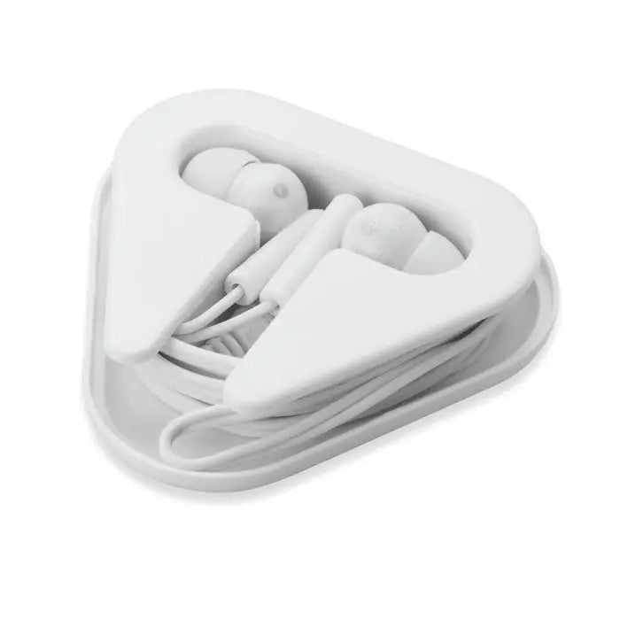 Casti in carcasa ps alb in-ear cu cablu torsadat, depozitate intr-o carcasa triunghiulara din plastic alb