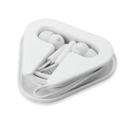 Casti in carcasa ps alb in-ear cu cablu torsadat, depozitate intr-o carcasa triunghiulara din plastic alb
