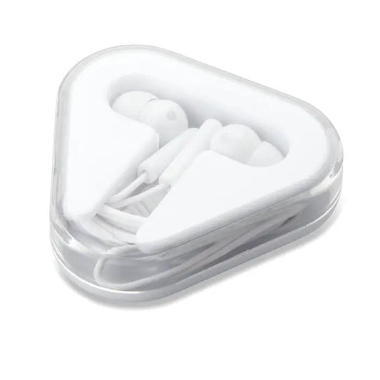 Casti in carcasa ps albe cu fir tip in ear in husa transparenta in forma de inima din plastic