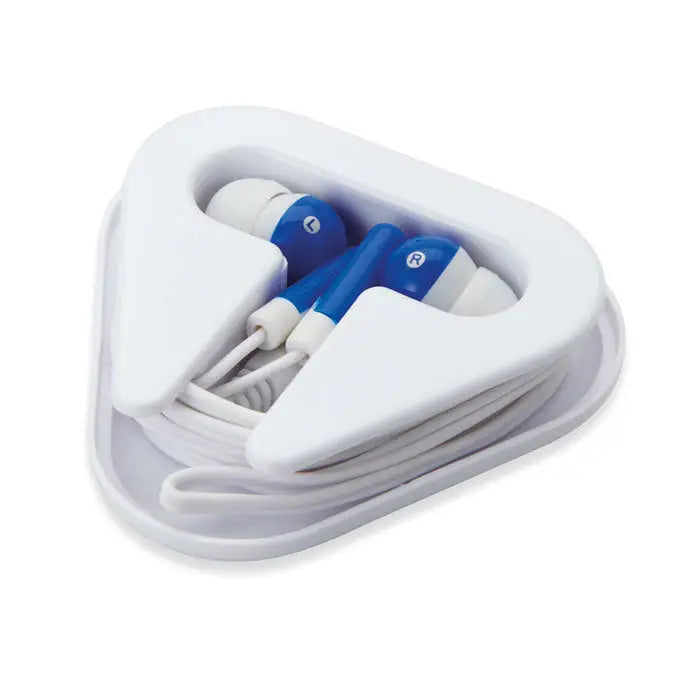 Blue and white casti in carcasa ps in-ear headphones with coiled cable inside heart-shaped plastic case